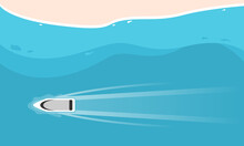 White Speed Boat Travel Floating Water Transport In Ocean Blue Sea With Beach In Summer Season Top View Flat Vector Design.