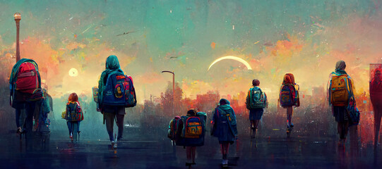 Illustration of group of kids going back to school