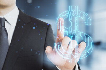 Poster - Close up of businessman hands pointing at abstract glowing blue circuit dollar hologram on blurry bokeh office interior background. Online banking and financial technology concept. Double exposure.