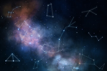 Poster - Creative dark night sky background with polygonal constellations. Cosmos and space concept.