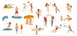 People on beach isolated set. Men, women and kids characters performing summer sports and leisure outdoor activities at sea or ocean shore, playing games, water sport Line art flat vector illustration