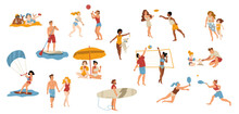 People On Beach Isolated Set. Men, Women And Kids Characters Performing Summer Sports And Leisure Outdoor Activities At Sea Or Ocean Shore, Playing Games, Water Sport Line Art Flat Vector Illustration