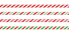 Christmas Candy Cane Straight Line Border With Red And Green Striped. Xmas Seamless Line With Striped Candy Lollipop Pattern. Christmas Element. Vector Illustration Isolated On White Background.