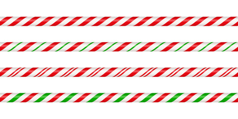 Christmas candy cane straight line border with red and green striped. Xmas seamless line with striped candy lollipop pattern. Christmas element. Vector illustration isolated on white background.