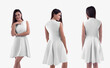 Mockup of a white dress with a wave skirt on a dark-haired girl, isolated on a background, front, back view.