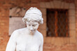 Mezzo busto di statua di donna in stile romano con sfondo una facciata in mattoncino di edificio con finestra sbarrata. 