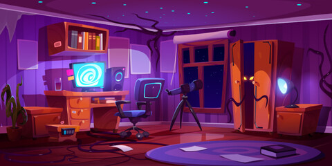 Teen room with alien or monster hiding in wardrobe. Halloween scary background of kids nightmares. Vector cartoon illustration of interior with computer, telescope and black tentacles