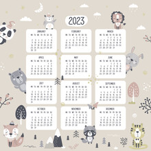 Calendar 2023, Monday First, Various Doodle Wild Animals And Plants. Monthly Calendar In Scandinavian Style. Creative Schedule With Hand Drawn Elements. Printable Poster Or Banner.