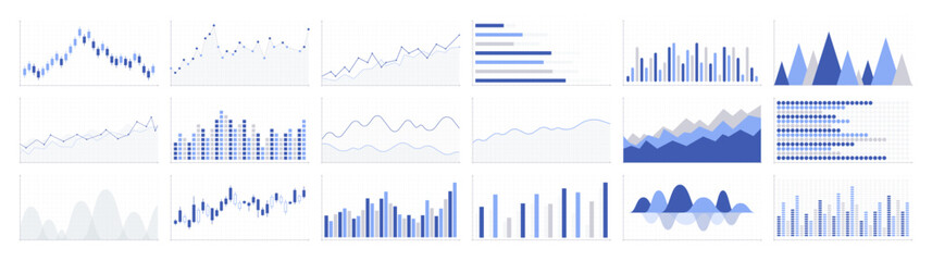 Business graphs and charts icons. Business infographics icons. Statistic and data, charts diagrams, money, down or up arrow, economy reduction. Financial chart. Vector illustration.