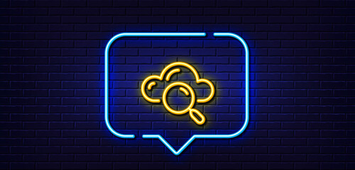 Poster - Neon light speech bubble. Cloud computing search line icon. Internet data storage sign. File hosting technology symbol. Neon light background. Cloud computing glow line. Brick wall banner. Vector