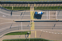 Russia, Aerial View Of Cement Truck In Front Of Empty Zebra Crossing