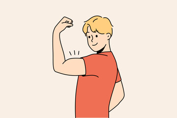 Smiling young man showing muscles. Happy healthy guy demonstrate muscular toned body. Sport and physical activity. Vector illustration. 