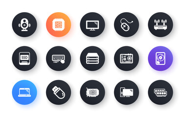 Poster - computer device icons. motherboard, cpu and laptop. ssd memory classic icon set. circle web buttons.
