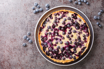 Delicious blueberry tart with custard and crispy crust close-up in a plate on the table. Horizontal top view from above