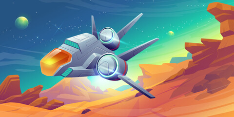 Poster - spaceship take off from alien planet, space shuttle flying over landscape with rocks and green sky. 