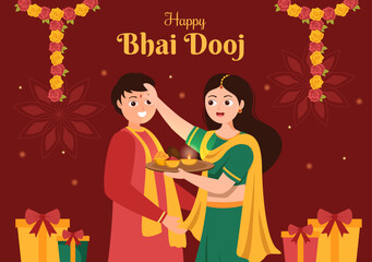 Wall Mural - Happy Bhai Dooj Indian Festival Celebration Hand Drawn Cartoon Illustration of Sisters Pray for Brothers Protection with a Dot on His Forehead