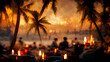 Burning lights and bonfire on a tropical beach with ocean and palm trees, group of people on background.