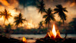 Romantic date concept. Burning fire on the tropical beach on palm trees background. Abstract painting