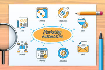 Wall Mural - Marketing automation chart with icons and keywords