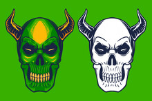 Green Skull With Long Horn Head Mascot Vector Illustration Cartoon Style