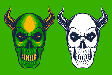 green skull with long horn head mascot vector illustration cartoon style