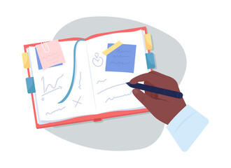 Poster - Man writing in notebook 2D vector isolated illustration. Business planning flat first view hand on cartoon background. Work colourful editable scene for mobile, website, presentation