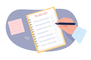 Poster - Man with to do list 2D vector isolated illustration. Tasks tracker flat first view hand on cartoon background. Colourful editable scene for mobile, website, presentation. Comfortaa Regular font used