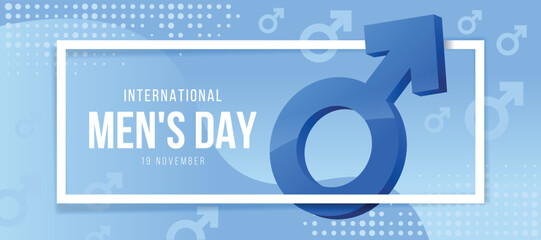 International men's day text in white frame and blue male symblo on soft blue background vector design