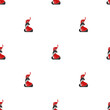 Seamless pattern with Hussar cat with red shako cap and red dolman. Creative pattern on white background. Fairy tale, holiday toy print. Pet shop wallpaper.