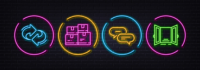 Poster - Wholesale inventory, Dots message and Refresh minimal line icons. Neon laser 3d lights. Open door icons. For web, application, printing. Warehouse parcel, Chat bubble, Rotation. Entrance. Vector