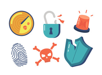Poster - Set of Hacker Icons Radar, Broken Padlock, Siren, Finger Print, Cracked Shield, Skull with Bones Isolated on White