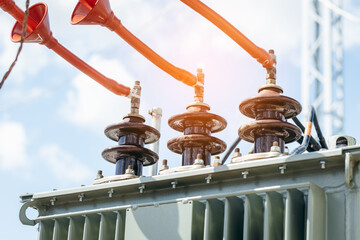 high voltage switchgear and equipment of power plant. view of electric power transmission lines.