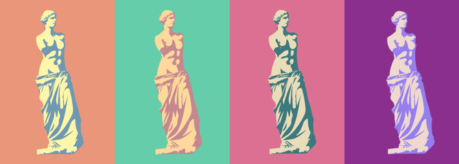 Statue of Venus de Milo (goddess of love) in four trendy color schemes.Stylization and division into light and shadow. Vector illustration, EPS 10. Classic sculpture concept in pop art style. Isolated