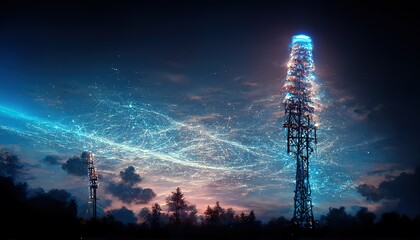 A modern telecommunications tower transmitting digital signals for wireless high-speed Internet. Antenna transmission tower background concept. 3d render