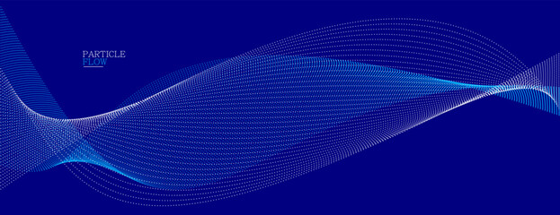Dark blue abstract background, vector wave of flowing particles, curvy lines of dots in motion, technology and science theme, airy and ease futuristic illustration.
