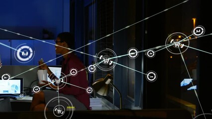 Poster - Computer application icons connecting with lines over multiracial coworkers eating at desk