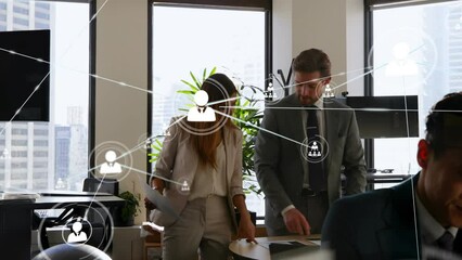 Poster - Animation of profile icons connecting with lines over multiracial colleagues discussing reports
