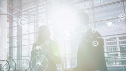 Poster - Application icons connecting with lines over caucasian smiling coworkers shaking hands in office
