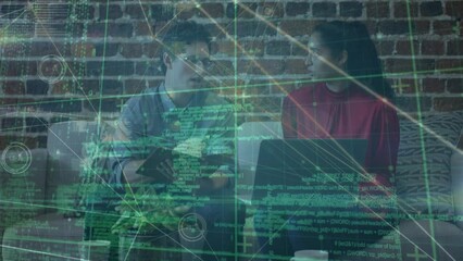 Poster - Animation of dots connecting with lines and codes over caucasian colleagues discussing on sofa