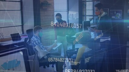 Poster - Computer language, changing numbers and lines over multiracial coworkers discussing in meeting