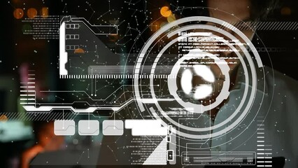 Poster - Rotating circle, dots connecting with lines and computer language over caucasian man using tablet