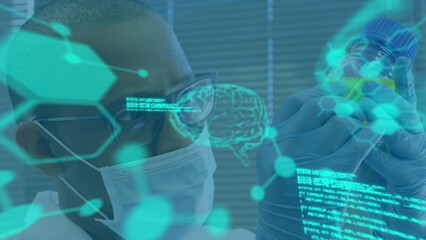 Poster - Animation of data processing over biracial male doctor with vial