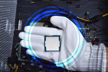 Poster - Picture of a hand wearing white gloves with a CPU chip placed on it.