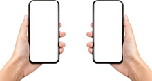 Hands Holding Two Mobile Phones With Empty Screen Mock Up, PNG File No Background