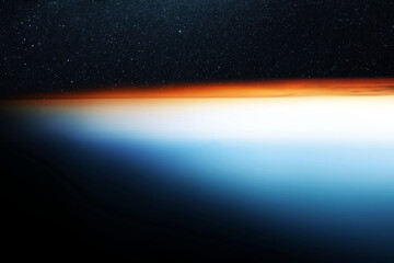 Poster - Sunset on the beautiful blue planet earth, view from space. Beautiful blue planet sinking into darkness in space