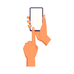 Poster - Hand holding smartphone. Vector icon of people hold smartphone or using touch gestures for mobile phone while reading. Press and point, pich and unpinch, rotate and swipe symbol. Digital device