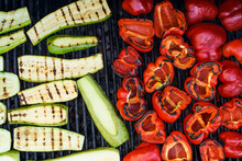 Grilled Barbecue Vegetables. Summer Vegetables Peppers And Zucchini Are Roasted And Cooked Outside For A Picnic. Vegan Food, Gluten Free, Healthy Eating And Lifestyle Concept.