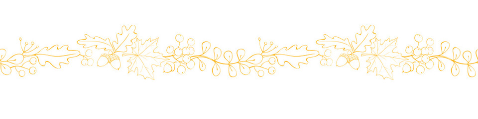 Wall Mural - Vector light yellow edging, ribbon, border from autumn leaves, berries, acorns. Nature seamless pattern, ornament, decorative element, decoration in doodle style