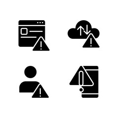 Wall Mural - Website access denied black glyph icons set on white space. Cloud data storage issue. Smartphone breakage. Unknown user. Silhouette symbols. Solid pictogram pack. Vector isolated illustration