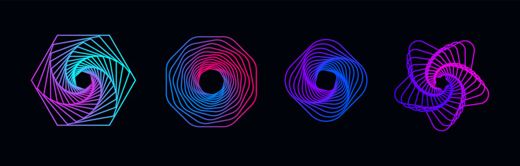 Poster - Vector set of twisted colored geometry figures. Spirals fractal element. Sacred geometry with lines in the form hexagon, octagon, square, star.